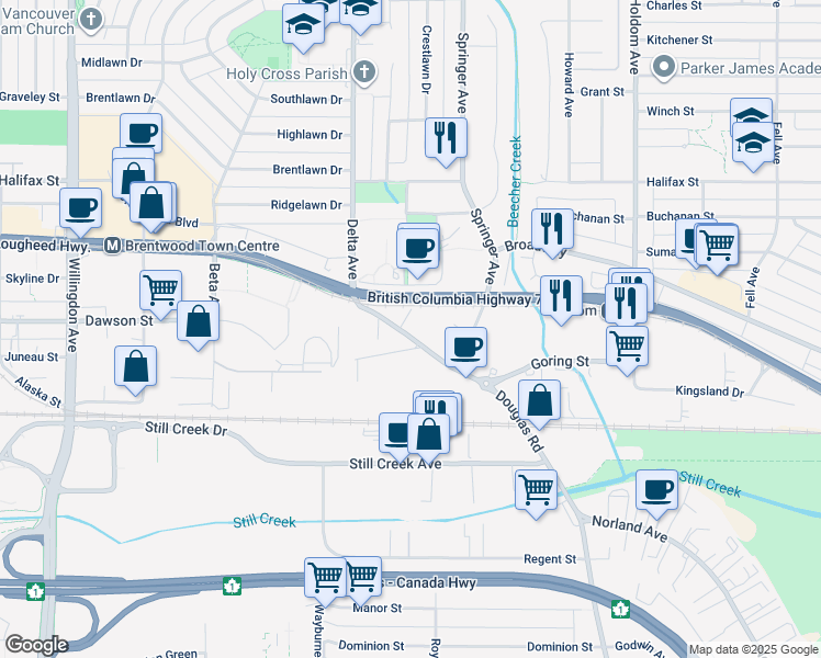 map of restaurants, bars, coffee shops, grocery stores, and more near 2200 Douglas Road in Burnaby