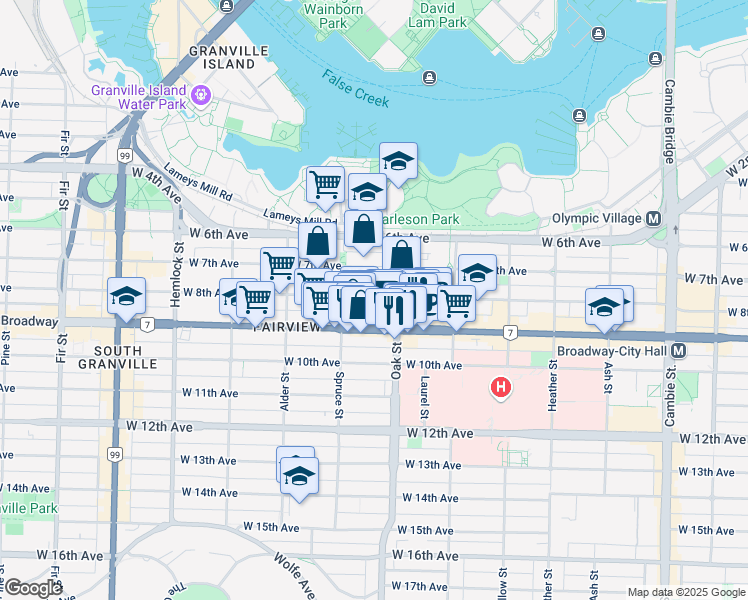 map of restaurants, bars, coffee shops, grocery stores, and more near 107 West 8th Avenue in Vancouver