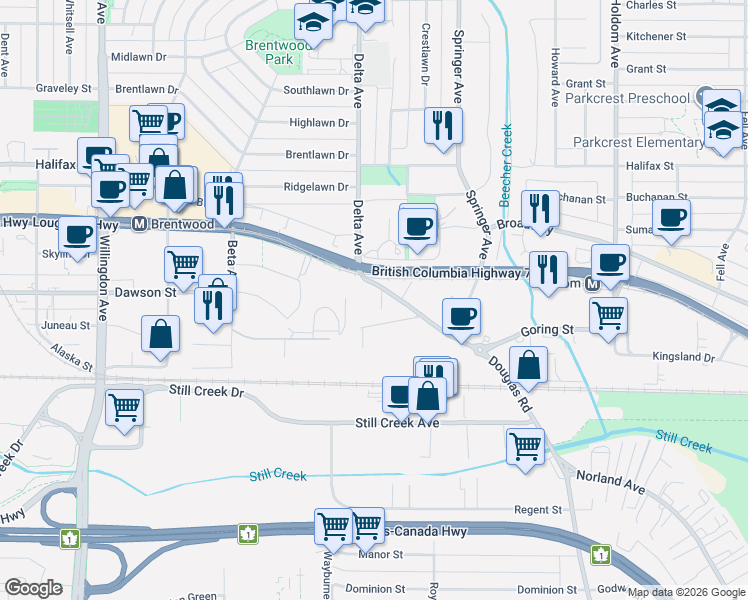 map of restaurants, bars, coffee shops, grocery stores, and more near 2133 Douglas Road in Burnaby