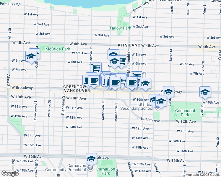 map of restaurants, bars, coffee shops, grocery stores, and more near 2954 Bayswater Street in Vancouver