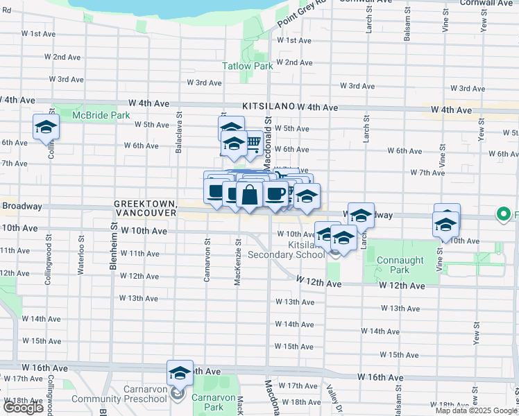 map of restaurants, bars, coffee shops, grocery stores, and more near 2893 West Broadway in Vancouver