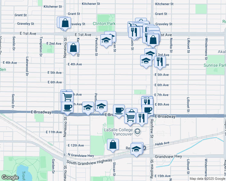 map of restaurants, bars, coffee shops, grocery stores, and more near 2273 Slocan Street in Vancouver