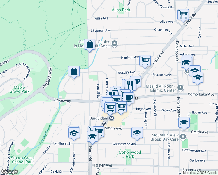 map of restaurants, bars, coffee shops, grocery stores, and more near 626 Claremont Street in Coquitlam