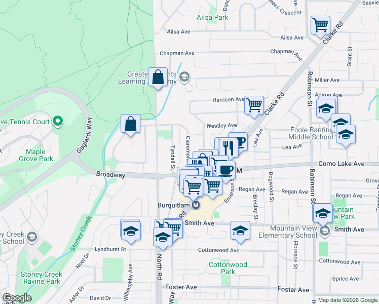map of restaurants, bars, coffee shops, grocery stores, and more near 626 Claremont Street in Coquitlam