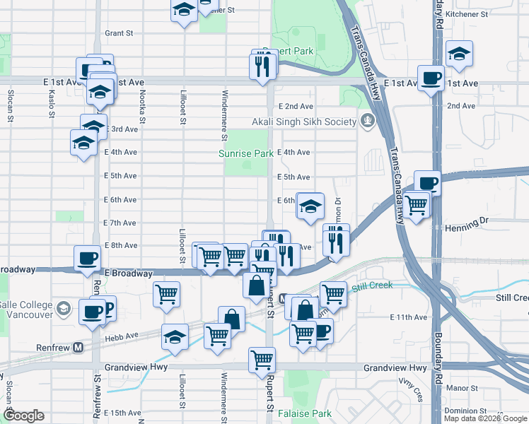 map of restaurants, bars, coffee shops, grocery stores, and more near 2245 Rupert Street in Vancouver