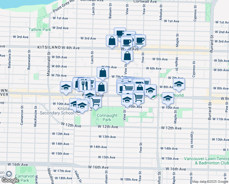 map of restaurants, bars, coffee shops, grocery stores, and more near 2375 West Broadway in Vancouver