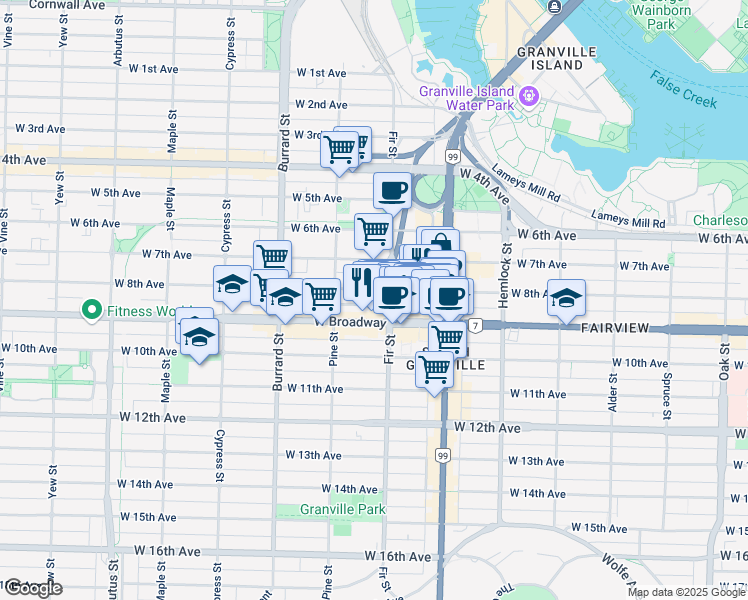map of restaurants, bars, coffee shops, grocery stores, and more near 1573 West Broadway in Vancouver