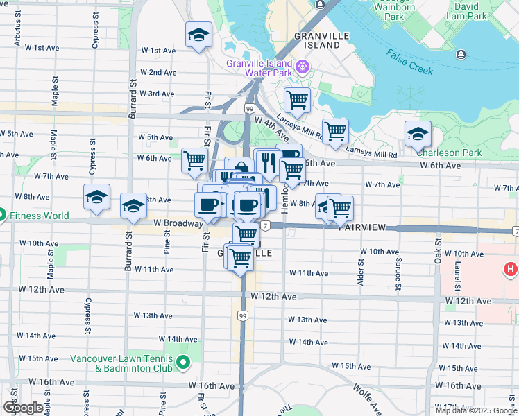 map of restaurants, bars, coffee shops, grocery stores, and more near in Vancouver