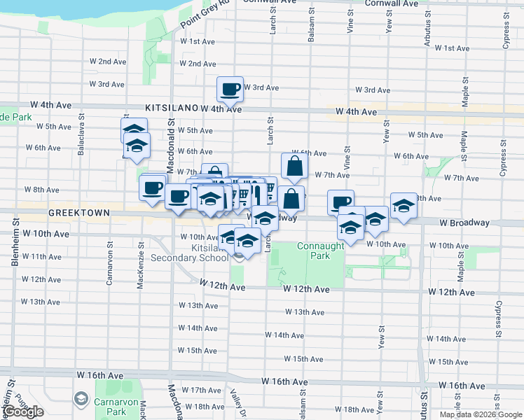 map of restaurants, bars, coffee shops, grocery stores, and more near 2485 Larch Street in Vancouver