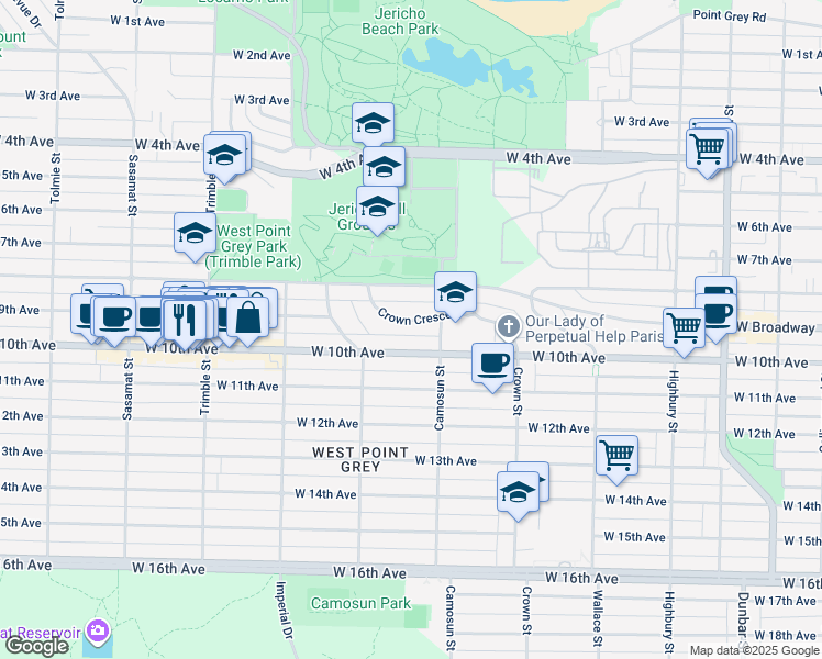 map of restaurants, bars, coffee shops, grocery stores, and more near 4146 Crown Crescent in Vancouver