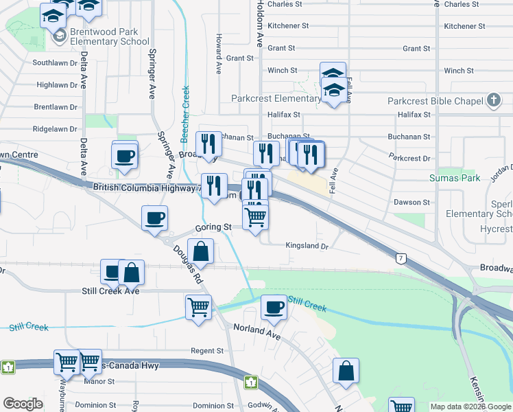 map of restaurants, bars, coffee shops, grocery stores, and more near 2225 Holdom Avenue in Burnaby