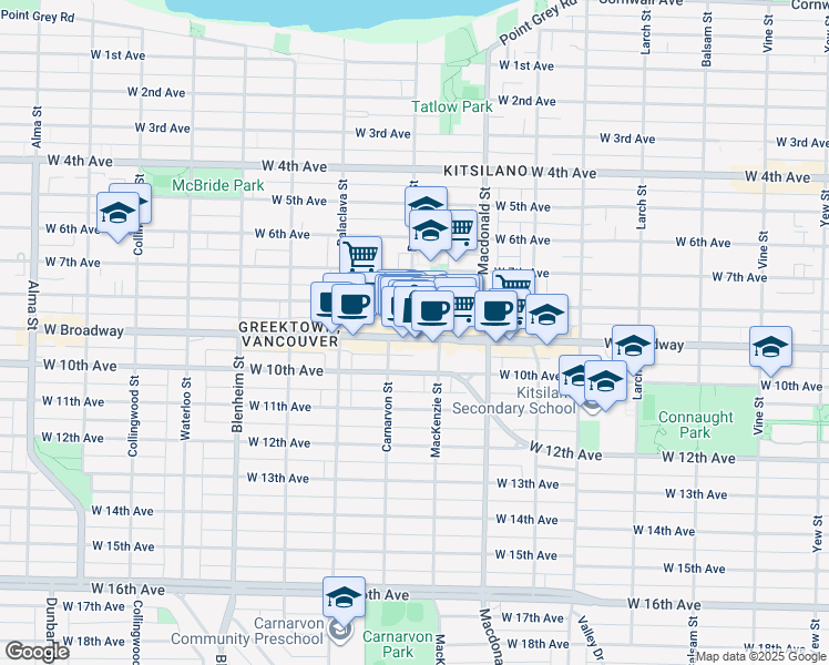 map of restaurants, bars, coffee shops, grocery stores, and more near 2488 Bayswater Street in Vancouver
