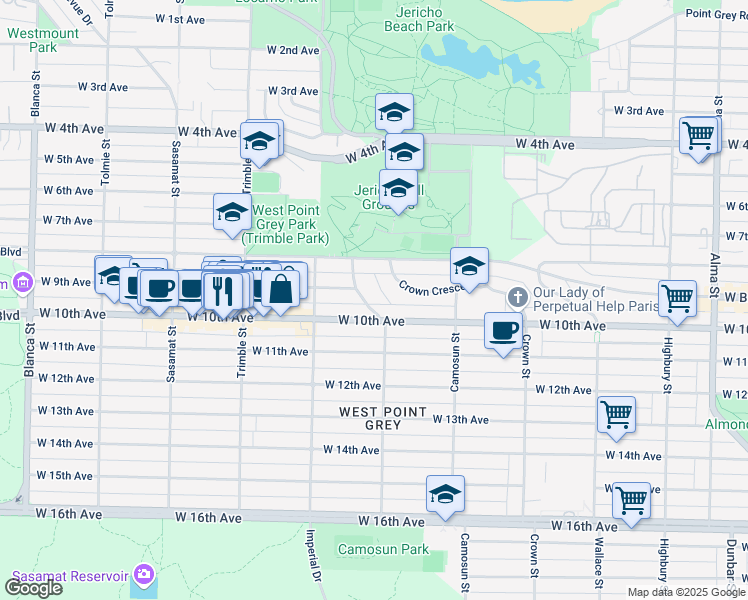 map of restaurants, bars, coffee shops, grocery stores, and more near 2550 Courtenay Street in Vancouver