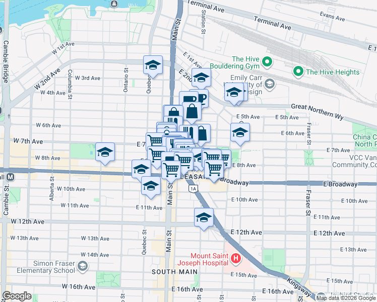 map of restaurants, bars, coffee shops, grocery stores, and more near 2321 Scotia Street in Vancouver