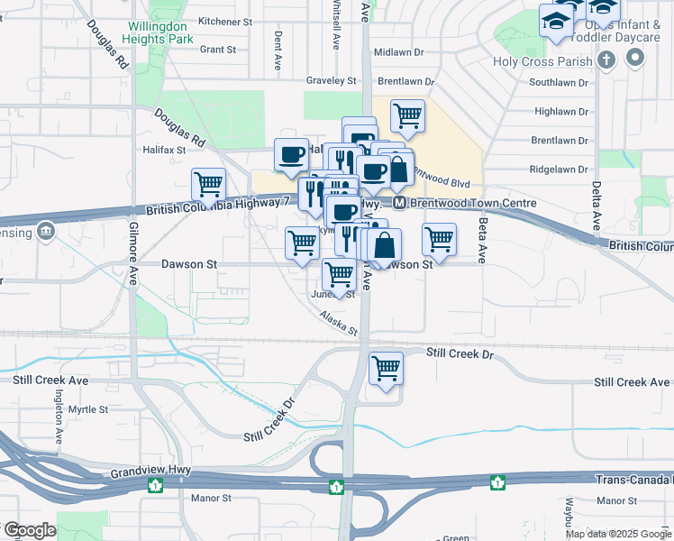 map of restaurants, bars, coffee shops, grocery stores, and more near 4452 Dawson Street in Burnaby