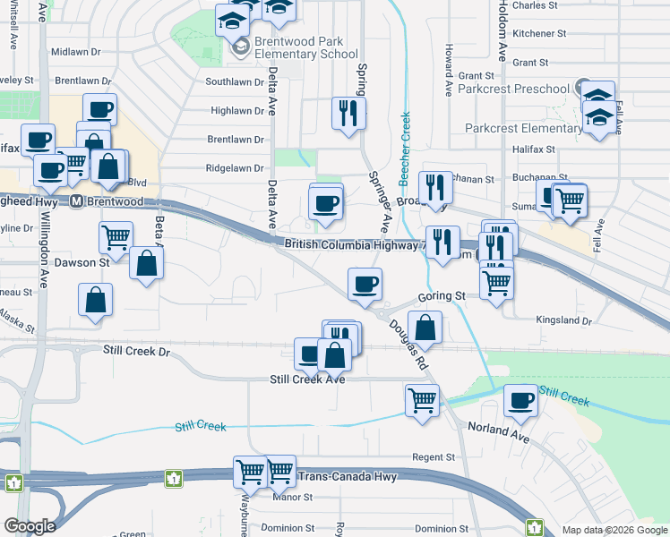 map of restaurants, bars, coffee shops, grocery stores, and more near 2232 Douglas Road in Burnaby