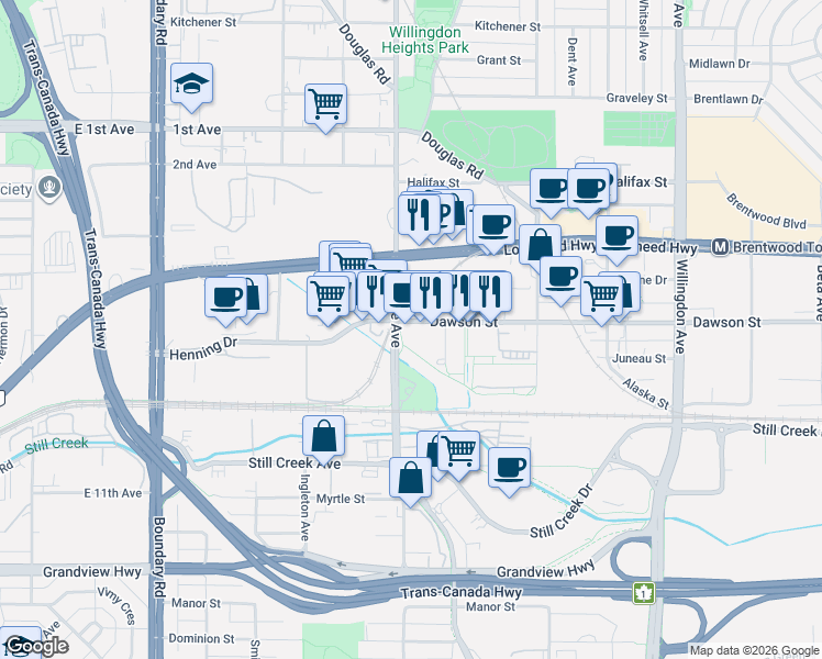 map of restaurants, bars, coffee shops, grocery stores, and more near 4118 Dawson Street in Burnaby