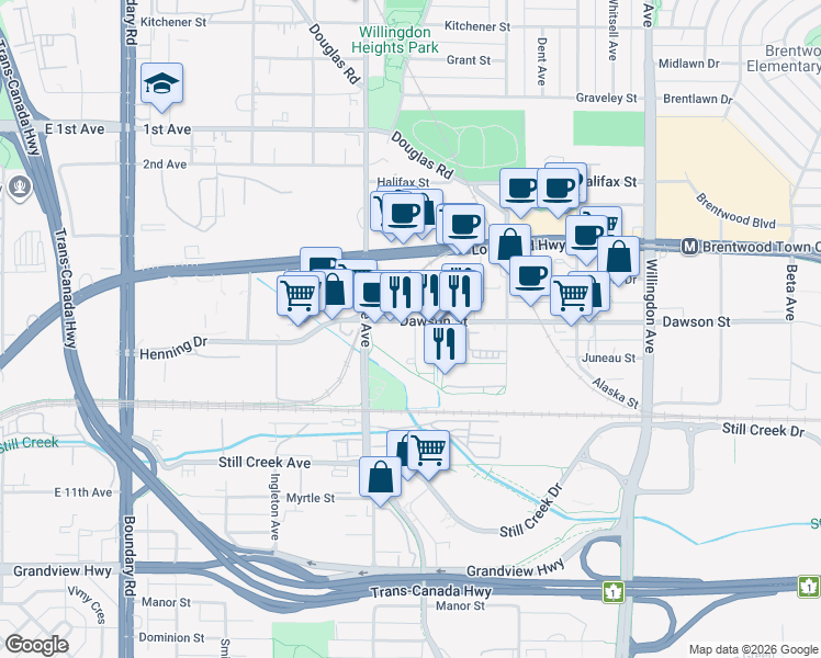 map of restaurants, bars, coffee shops, grocery stores, and more near 4162 Dawson Street in Burnaby