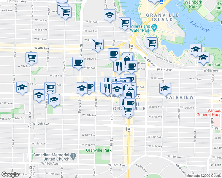 map of restaurants, bars, coffee shops, grocery stores, and more near 2425 Fir Street in Vancouver