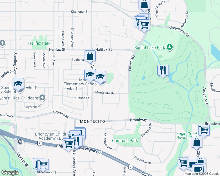 map of restaurants, bars, coffee shops, grocery stores, and more near 7305 Montecito Drive in Burnaby