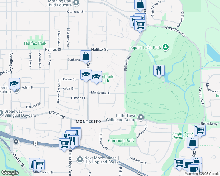 map of restaurants, bars, coffee shops, grocery stores, and more near 7327 Montecito Drive in Burnaby