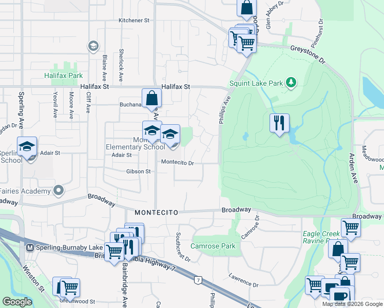 map of restaurants, bars, coffee shops, grocery stores, and more near 7321 Montecito Drive in Burnaby