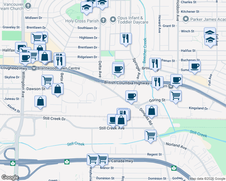 map of restaurants, bars, coffee shops, grocery stores, and more near in Burnaby