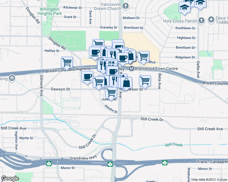 map of restaurants, bars, coffee shops, grocery stores, and more near 4452 Dawson Street in Burnaby