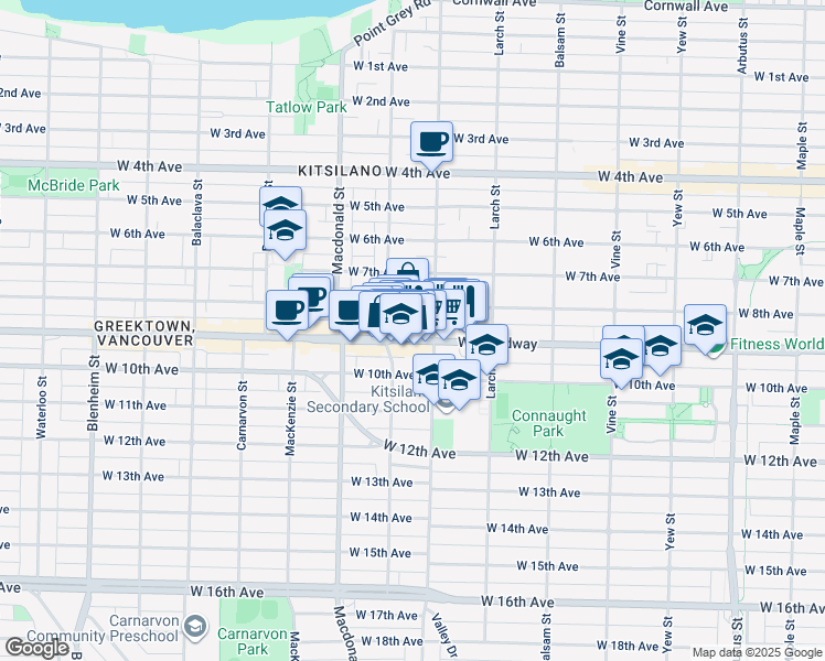 map of restaurants, bars, coffee shops, grocery stores, and more near in Vancouver