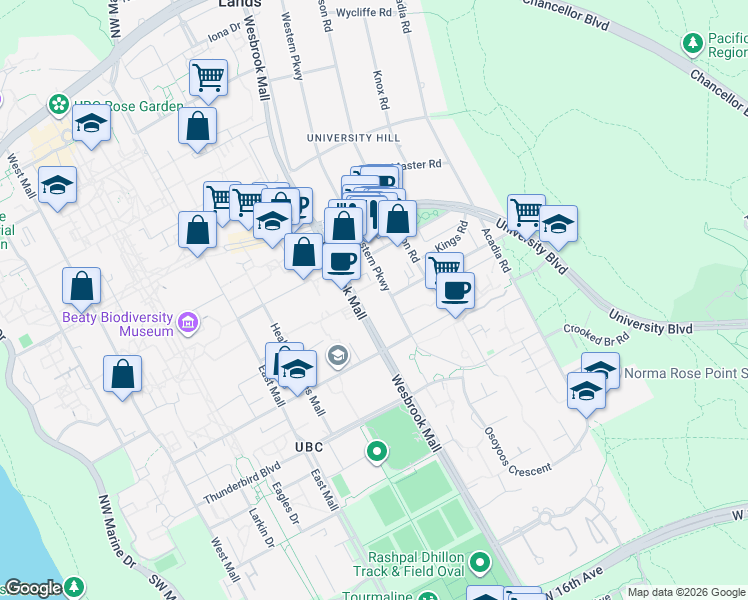 map of restaurants, bars, coffee shops, grocery stores, and more near in Vancouver