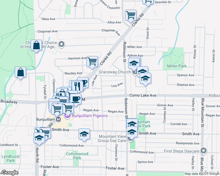 map of restaurants, bars, coffee shops, grocery stores, and more near 708 Lea Avenue in Coquitlam