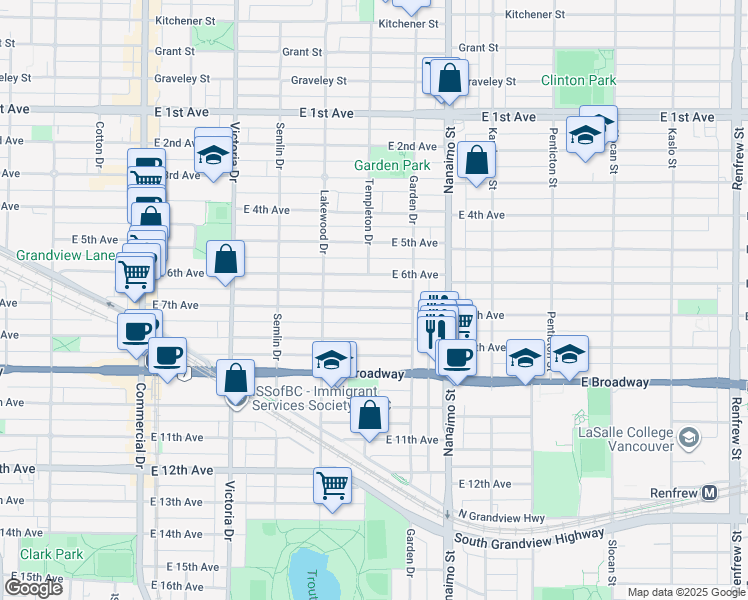 map of restaurants, bars, coffee shops, grocery stores, and more near 2207 East 7th Avenue in Vancouver