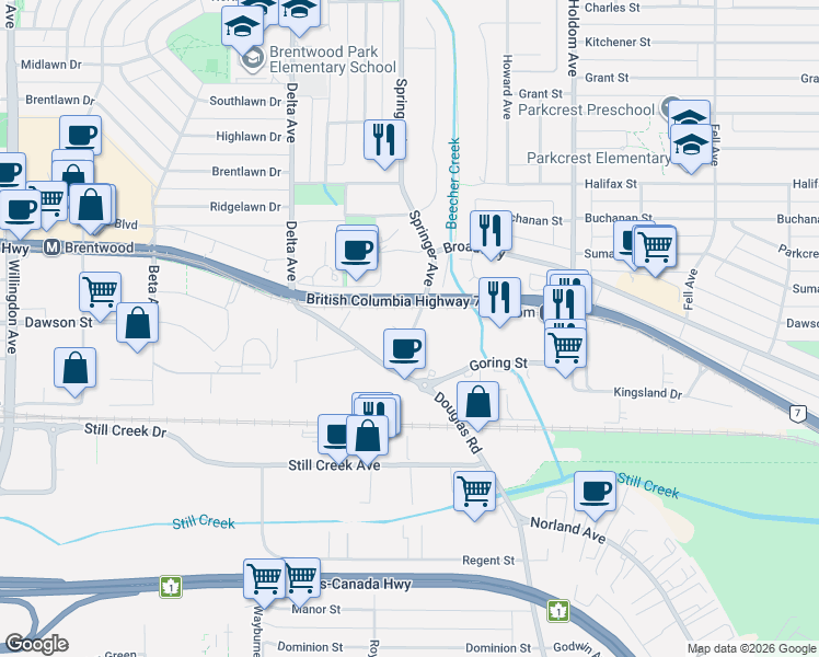 map of restaurants, bars, coffee shops, grocery stores, and more near 2135 Springer Avenue in Burnaby