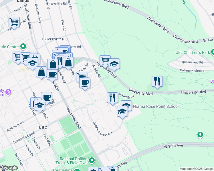map of restaurants, bars, coffee shops, grocery stores, and more near 2620 Acadia Road in Vancouver