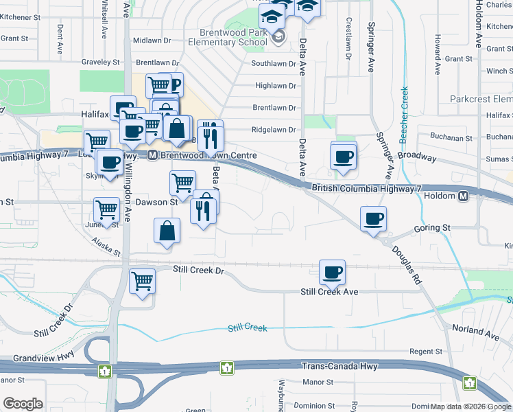 map of restaurants, bars, coffee shops, grocery stores, and more near 2289 Yukon Crescent in Burnaby