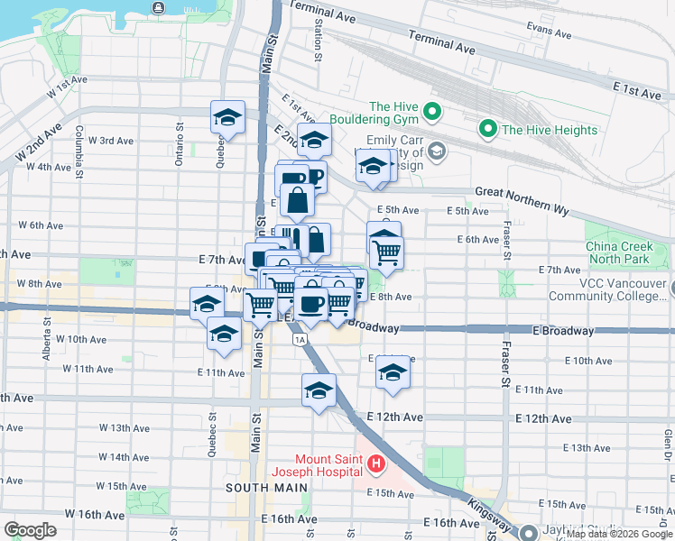 map of restaurants, bars, coffee shops, grocery stores, and more near 2323 Brunswick Street in Vancouver