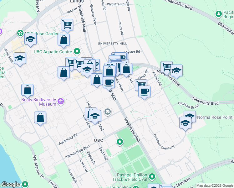 map of restaurants, bars, coffee shops, grocery stores, and more near 2250 Wesbrook Mall in University Endowment Lands