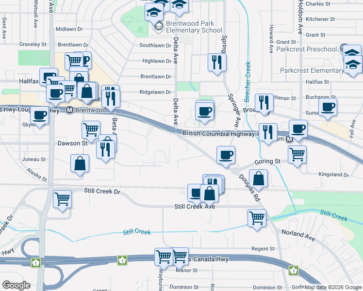 map of restaurants, bars, coffee shops, grocery stores, and more near 2133 Douglas Road in Burnaby
