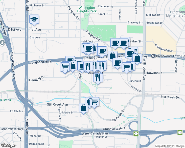 map of restaurants, bars, coffee shops, grocery stores, and more near in Burnaby