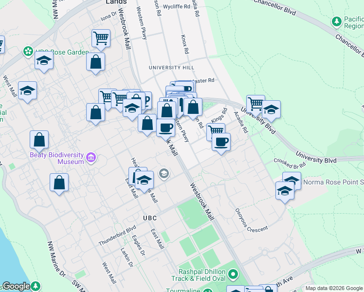 map of restaurants, bars, coffee shops, grocery stores, and more near 2250 Wesbrook Mall in Vancouver