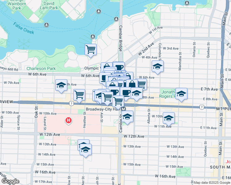 map of restaurants, bars, coffee shops, grocery stores, and more near 521 West 8th Avenue in Vancouver