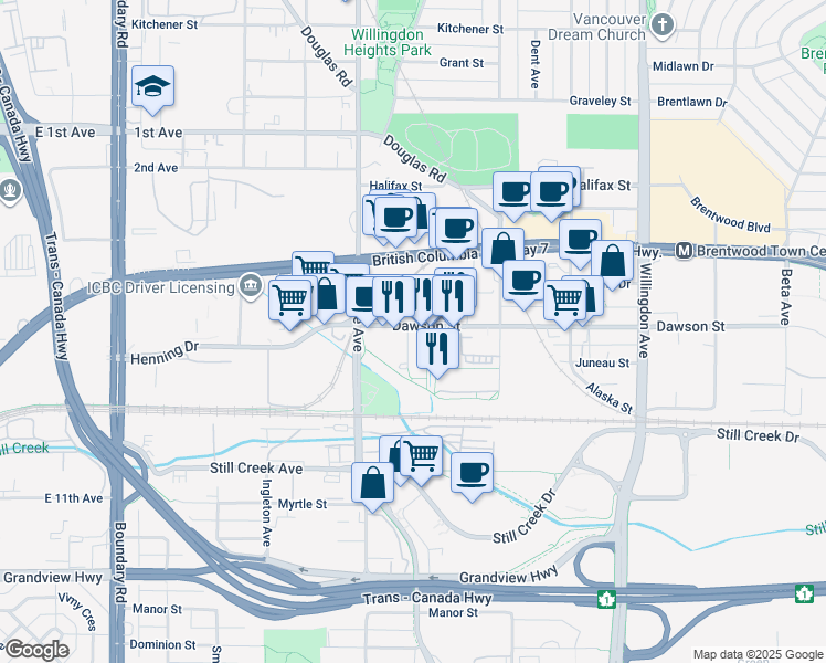 map of restaurants, bars, coffee shops, grocery stores, and more near 4182 Dawson Street in Burnaby