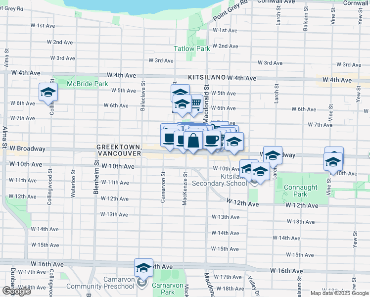 map of restaurants, bars, coffee shops, grocery stores, and more near 2893 West Broadway in Vancouver