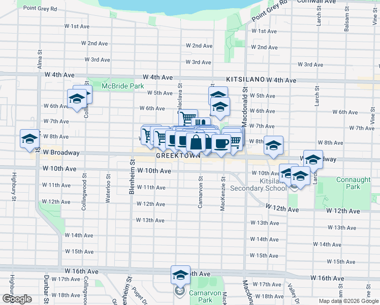 map of restaurants, bars, coffee shops, grocery stores, and more near 3055 West Broadway in Vancouver