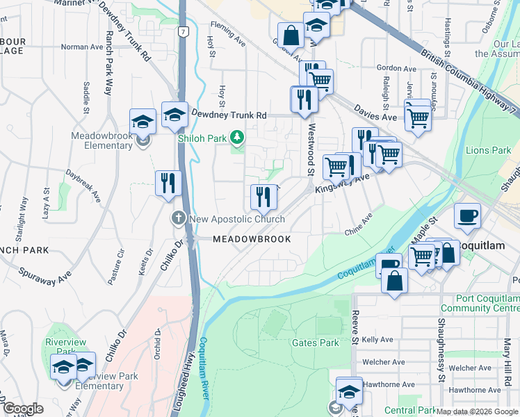 map of restaurants, bars, coffee shops, grocery stores, and more near 825 Greene Street in Coquitlam