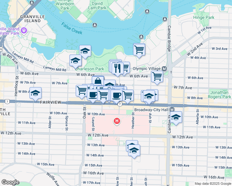 map of restaurants, bars, coffee shops, grocery stores, and more near 807 West 8th Avenue in Vancouver