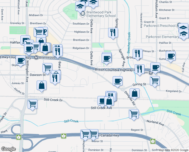 map of restaurants, bars, coffee shops, grocery stores, and more near 2133 Douglas Road in Burnaby