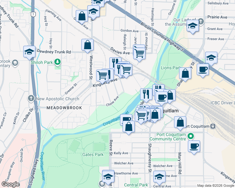 map of restaurants, bars, coffee shops, grocery stores, and more near Jane Street in Port Coquitlam