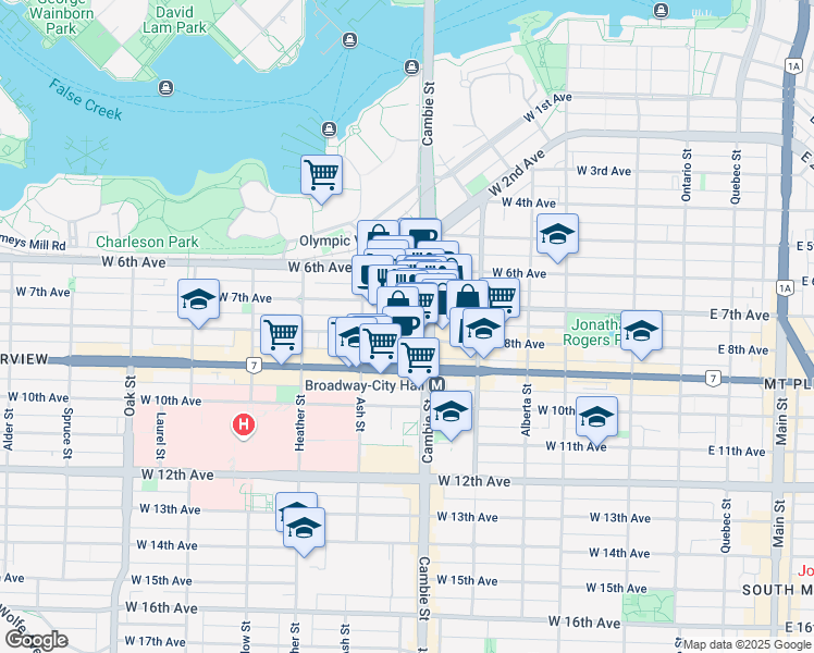map of restaurants, bars, coffee shops, grocery stores, and more near 2395 Cambie Street in Vancouver