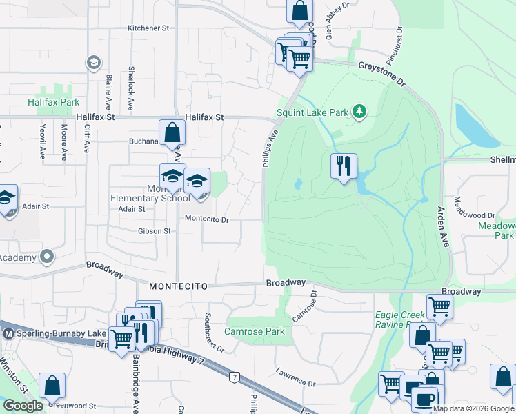 map of restaurants, bars, coffee shops, grocery stores, and more near 7369 Montecito Drive in Burnaby